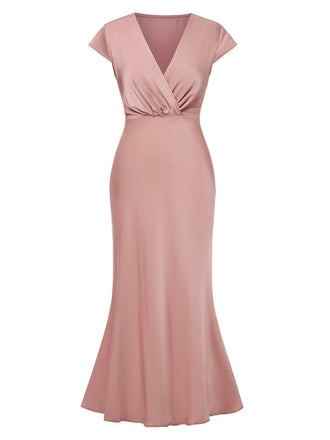 Rosa 1930er Satin Solide V-Ausschnitt Fischschwanzkleid