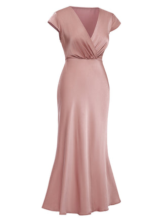Rosa 1930er Satin Solide V-Ausschnitt Fischschwanzkleid