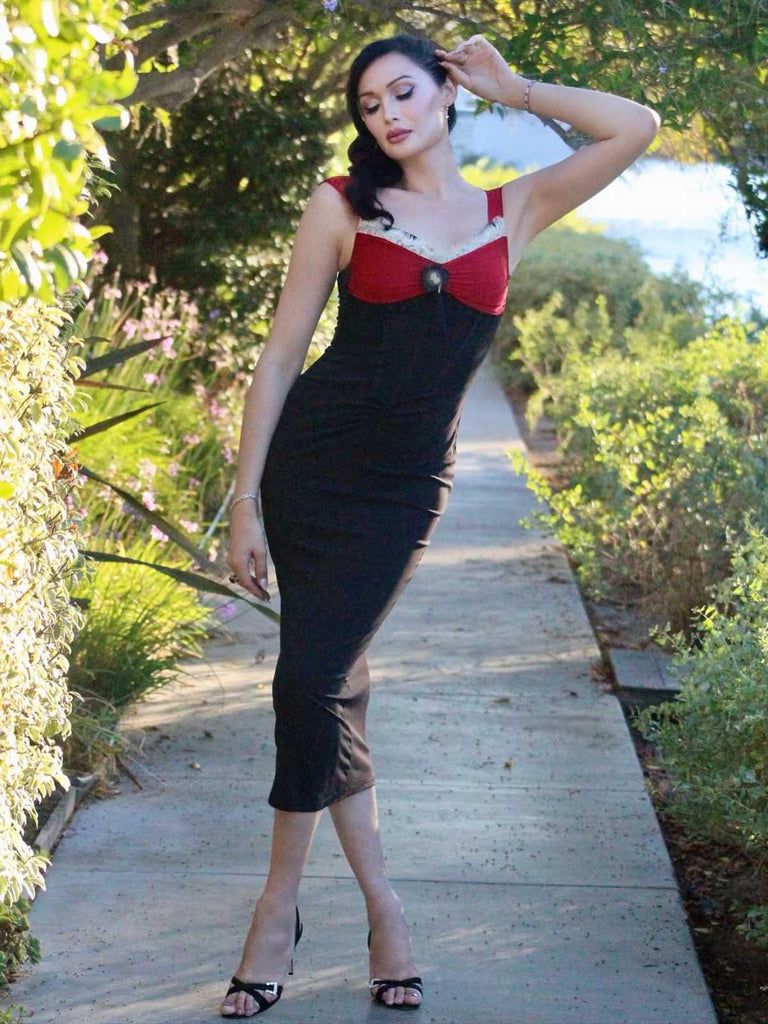 Weinrot 1930er Kontrast Fischgräte Meerjungfrauenkleid