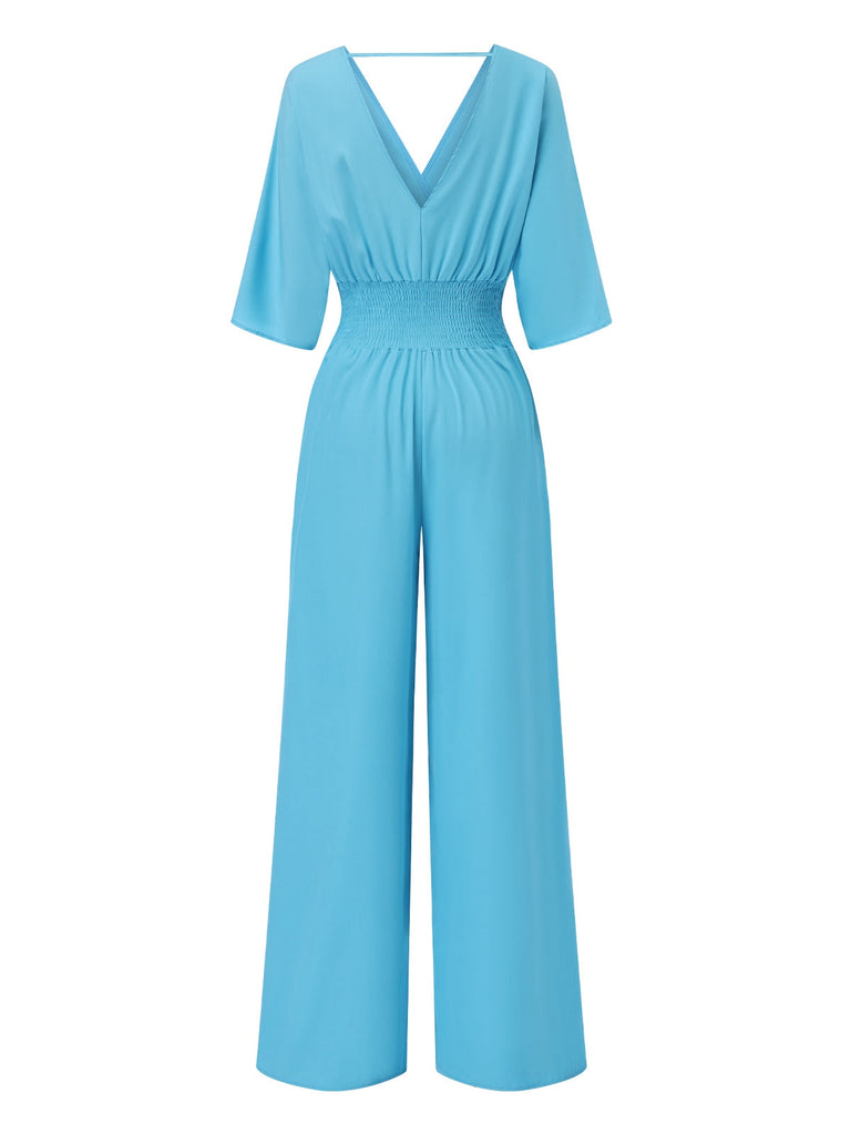 1940er Solide V-Ausschnitt Halbe Ärmel Jumpsuit