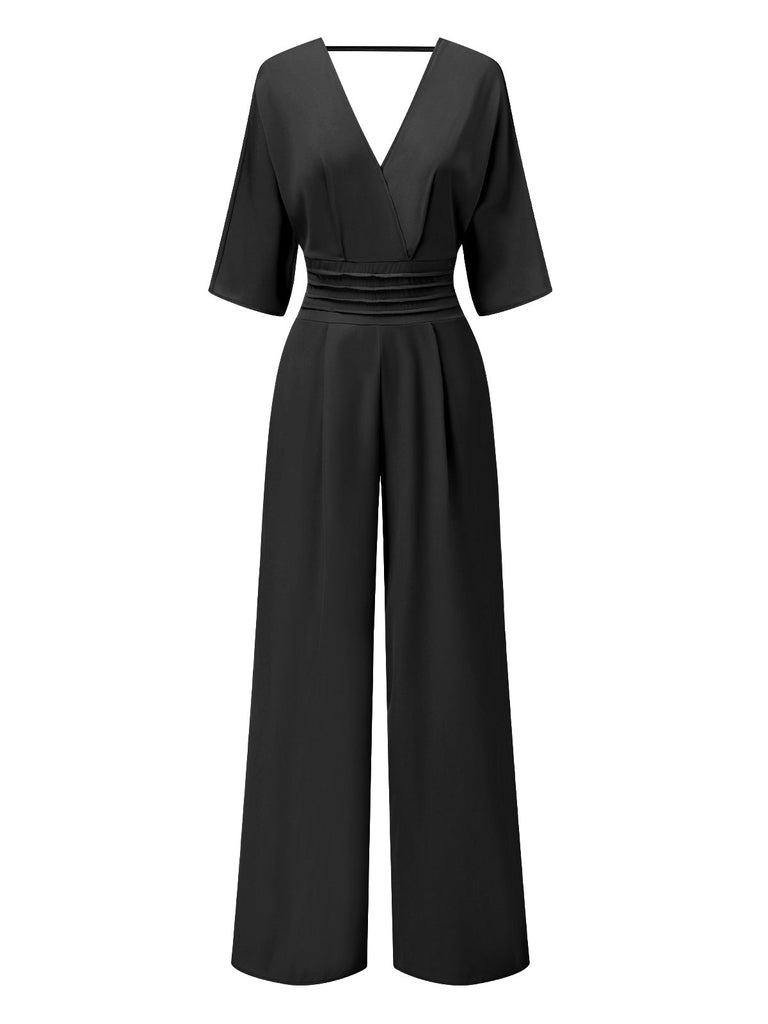 1940er Solide V-Ausschnitt Halbe Ärmel Jumpsuit