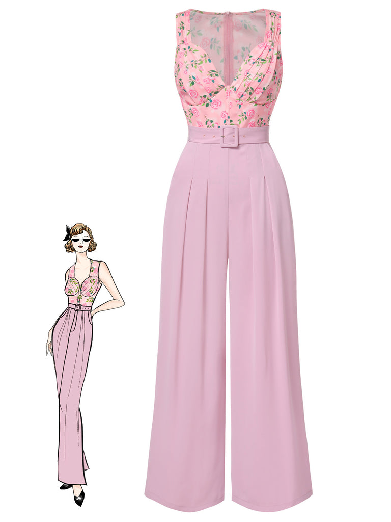 [Vorverkauf] Rosa 1960er Herzförmiger Hals Roses Gürtel Jumpsuit