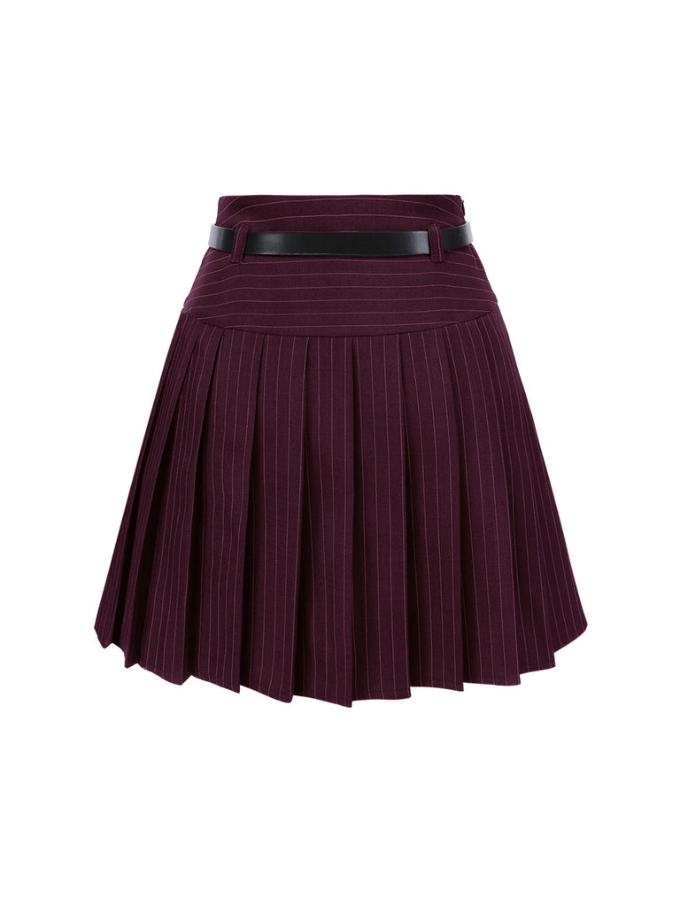 2PCS Dunkelgrau 1960er Nadelstreifen Top & Plissiertes Rock