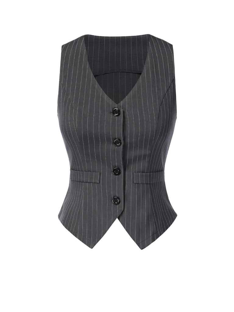 2PCS Dunkelgrau 1960er Nadelstreifen Top & Plissiertes Rock