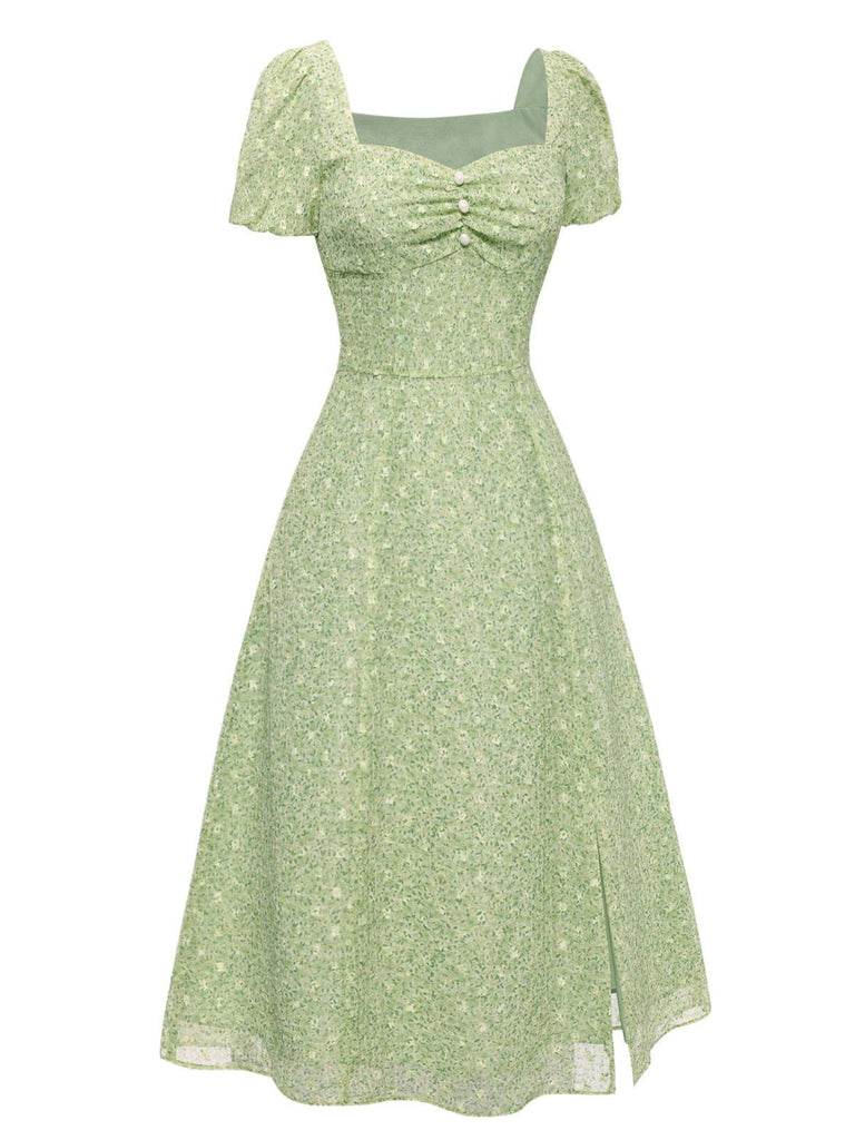 Grün 1940er Herzförmiger Blümchen Kleid