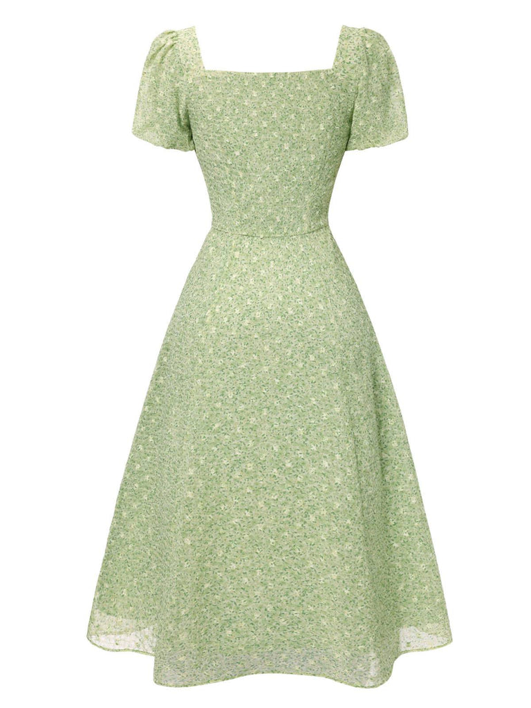 Grün 1940er Herzförmiger Blümchen Kleid