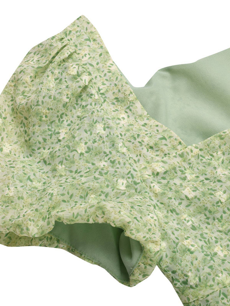 Grün 1940er Herzförmiger Blümchen Kleid