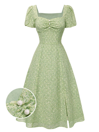 Grün 1940er Herzförmiger Blümchen Kleid