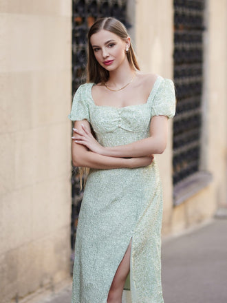 Grün 1940er Herzförmiger Blümchen Kleid