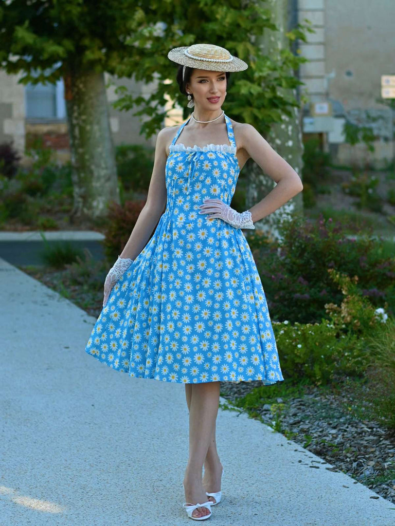 Blau 1950er Halter Spitze Gänseblümchen Kleid