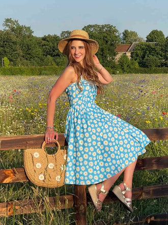 Blau 1950er Halter Spitze Gänseblümchen Kleid