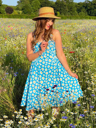Blau 1950er Halter Spitze Gänseblümchen Kleid