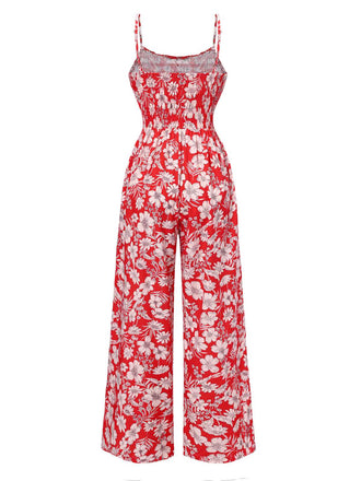 Rot 1930er Spaghetti Träger Blumen Weites-Bein Jumpsuit