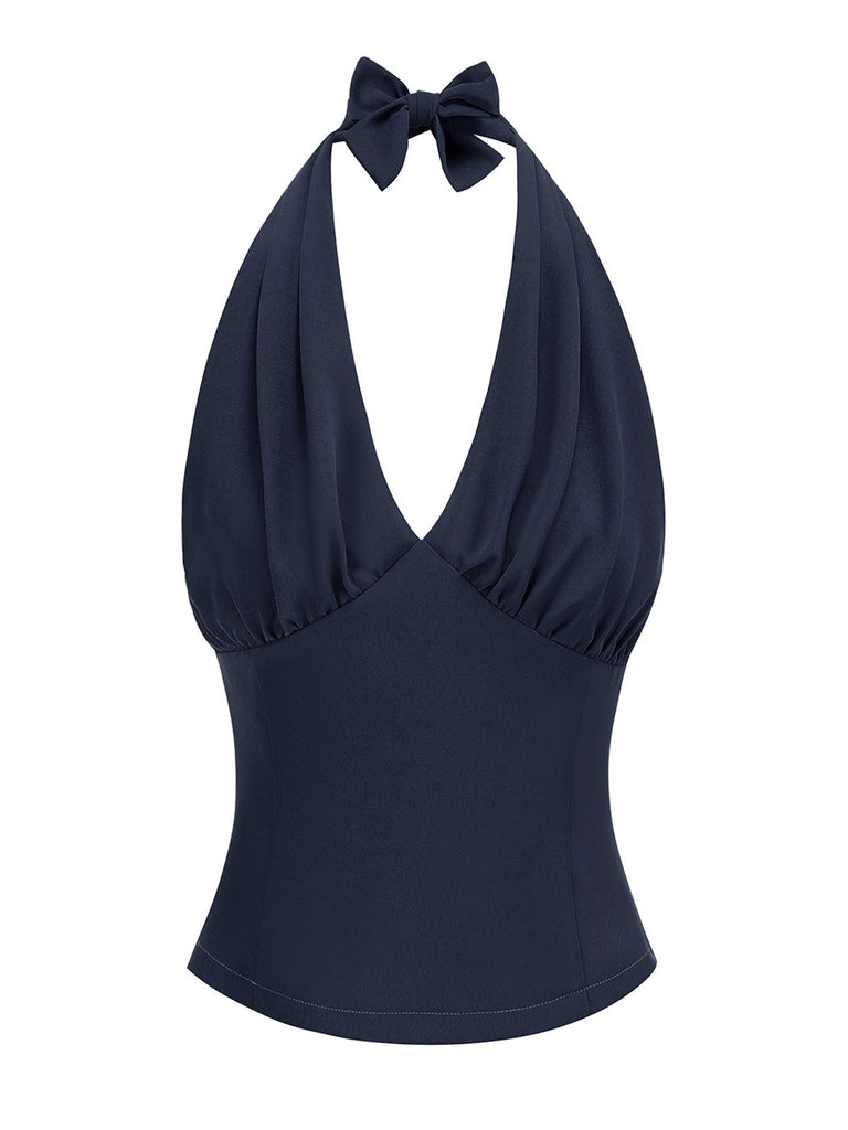 1950er Solide Ärmellos Halter Ruched Top