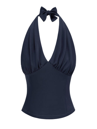 1950er Solide Ärmellos Halter Ruched Top