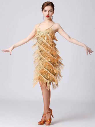 Gold 1920er Charleston Geschichtet Quaste Träger Kleid