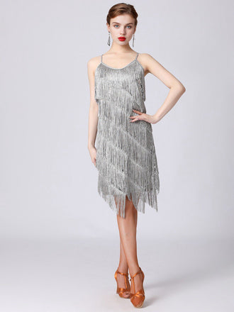 Silber 1920er Charleston Geschichtet Quaste Träger Kleid
