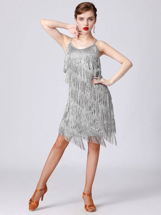 Silber 1920er Charleston Geschichtet Quaste Träger Kleid