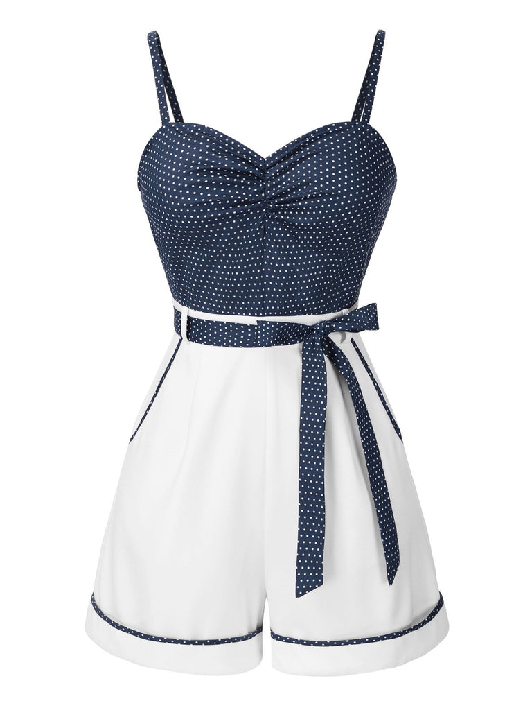 Blau 1940er Polka Dot Patchwork Träger Romper