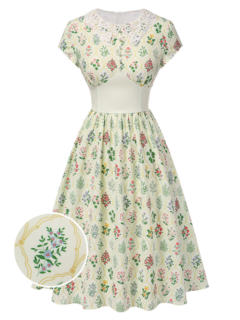 Beige 1940er Blumen Schnüren Stehkragen Flügelärmel Kleid