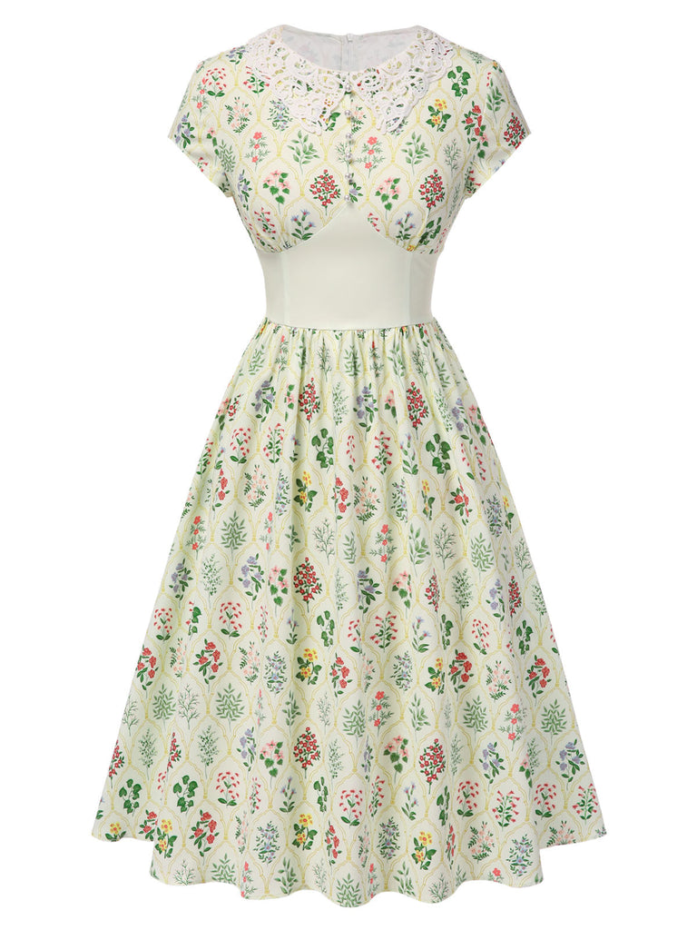 Beige 1940er Blumen Schnüren Stehkragen Flügelärmel Kleid