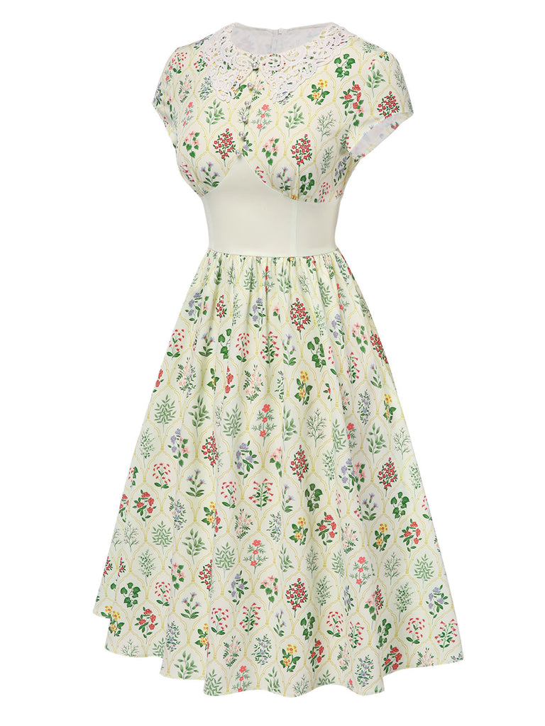 Beige 1940er Blumen Schnüren Stehkragen Flügelärmel Kleid