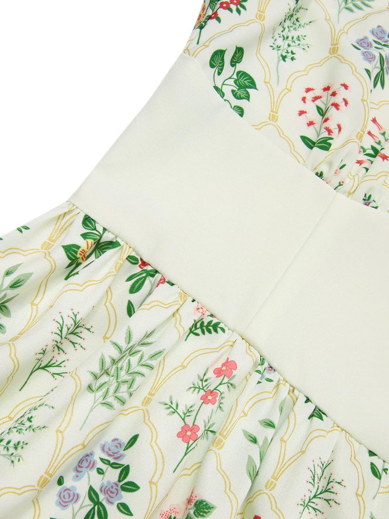 Beige 1940er Blumen Schnüren Stehkragen Flügelärmel Kleid