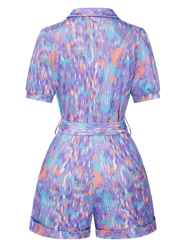 Lila 1960er Tief V-Ausschnitt Gürtel Revers Jumpsuit