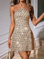 Gold 1970er Pailletten Halter Kleid