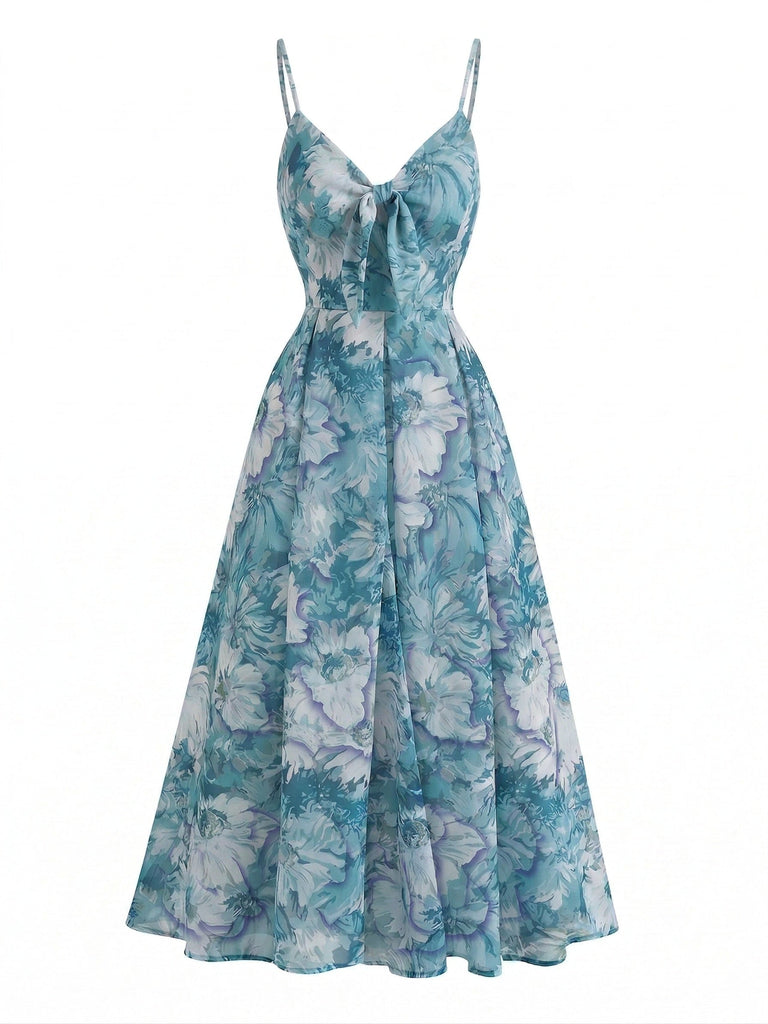 Blaues 30er Bohemian Kleid mit V-Ausschnitt und Blumen
