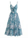 Blaues 30er Bohemian Kleid mit V-Ausschnitt und Blumen