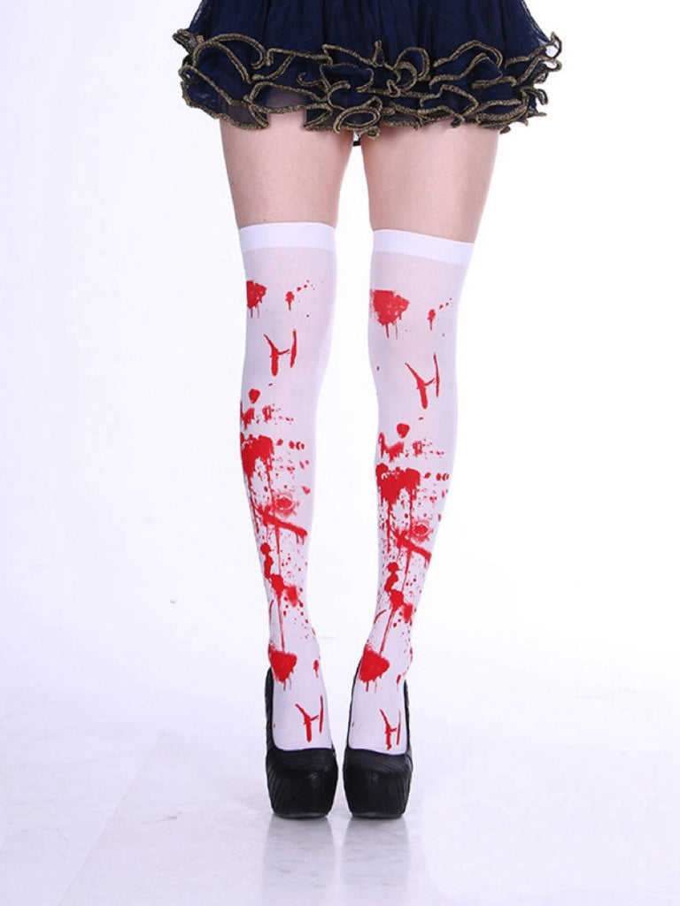 Weiß & Rot Halloween Blutfleck Oberschenkelhoch Strümpfe