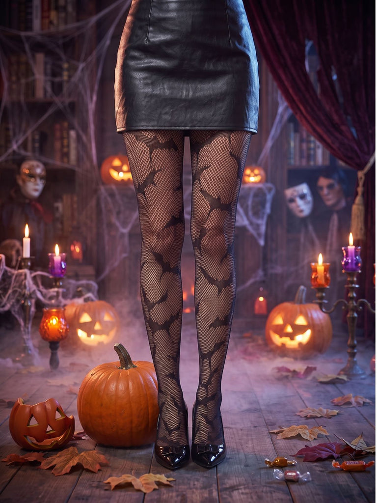 Schwarze Gothic Netzstrumpfhose mit Fledermaus-Print