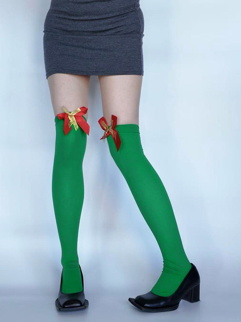 Grüne Weihnachtselfen-Overkneestrümpfe mit Schleifen