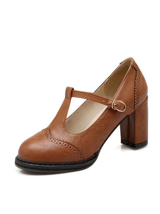 Braunes Retro Leder T-Träger Klobigem Absatz Schuhe