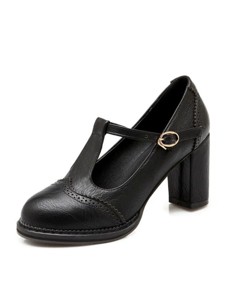 Retro Leder T-Träger Klobigem Absatz Schuhe