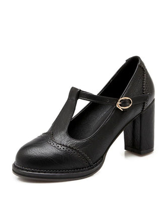 Retro Leder T-Träger Klobigem Absatz Schuhe