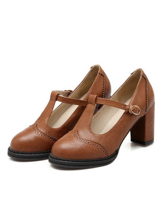 Braunes Retro Leder T-Träger Klobigem Absatz Schuhe