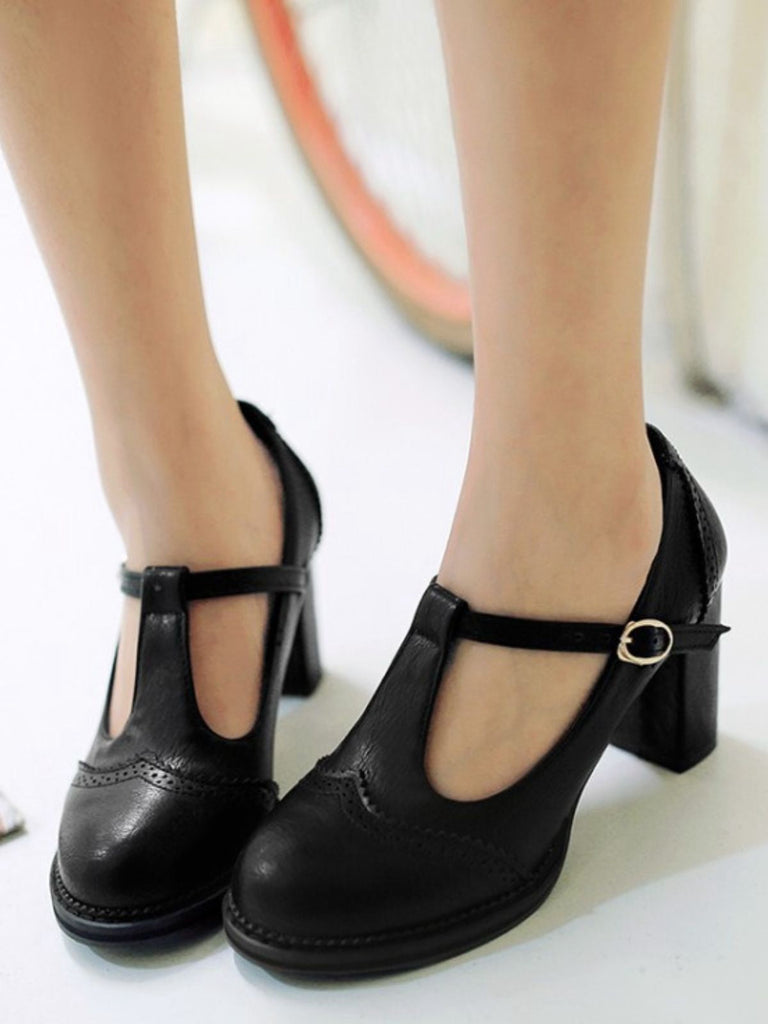 Retro Leder T-Träger Klobigem Absatz Schuhe