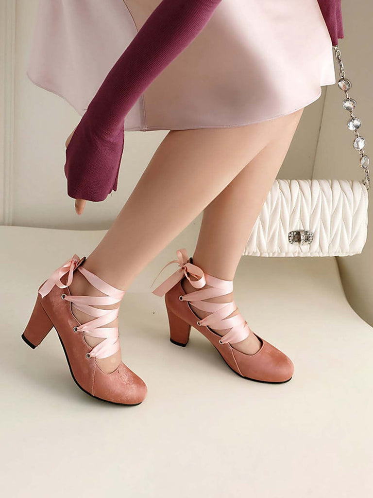 Vintage Mary Jane Schleife Binden Klobige Absätze