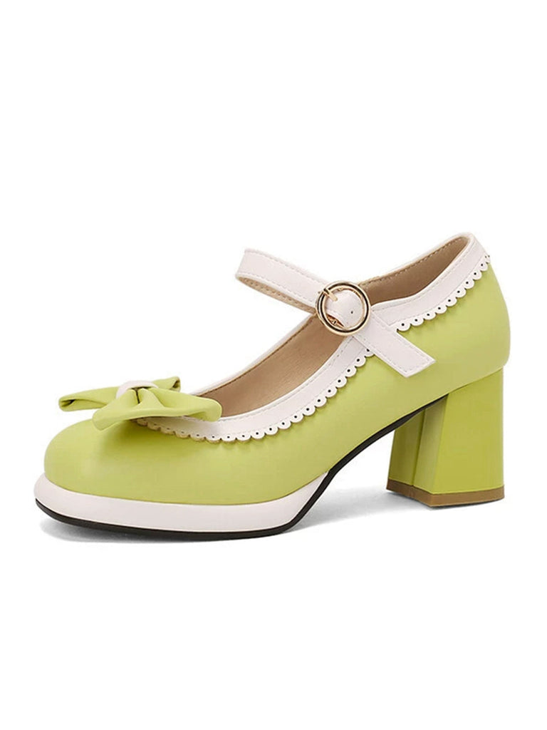 Grün Gelb Vintage Kontrast Bogen Mary Jane Hohe Absätze
