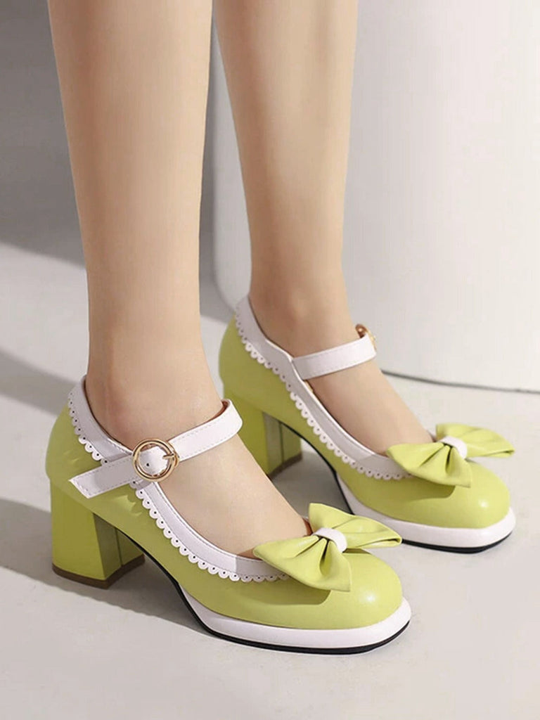 Grün Gelb Vintage Kontrast Bogen Mary Jane Hohe Absätze