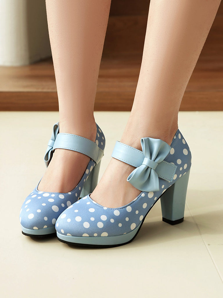 Mary Jane Polka Dots Bogen Klobige Absätze