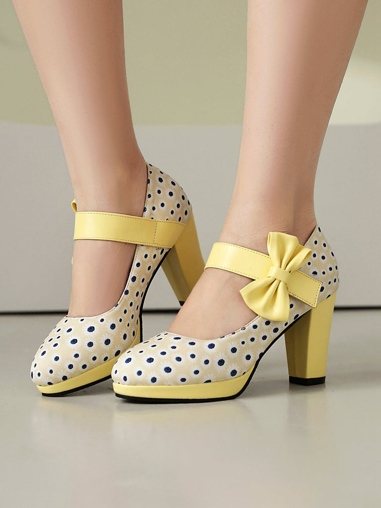 Mary Jane Polka Dots Bogen Klobige Absätze