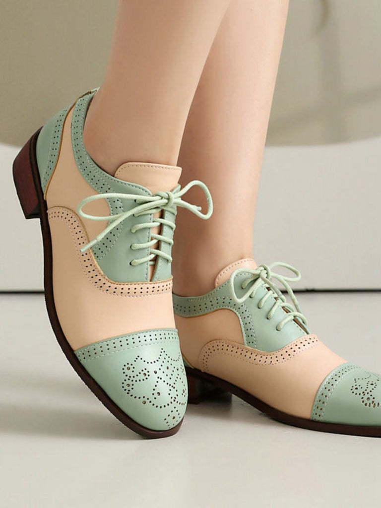 Farbblock Leder Runden Zehe Strappy Oxford Schuhe