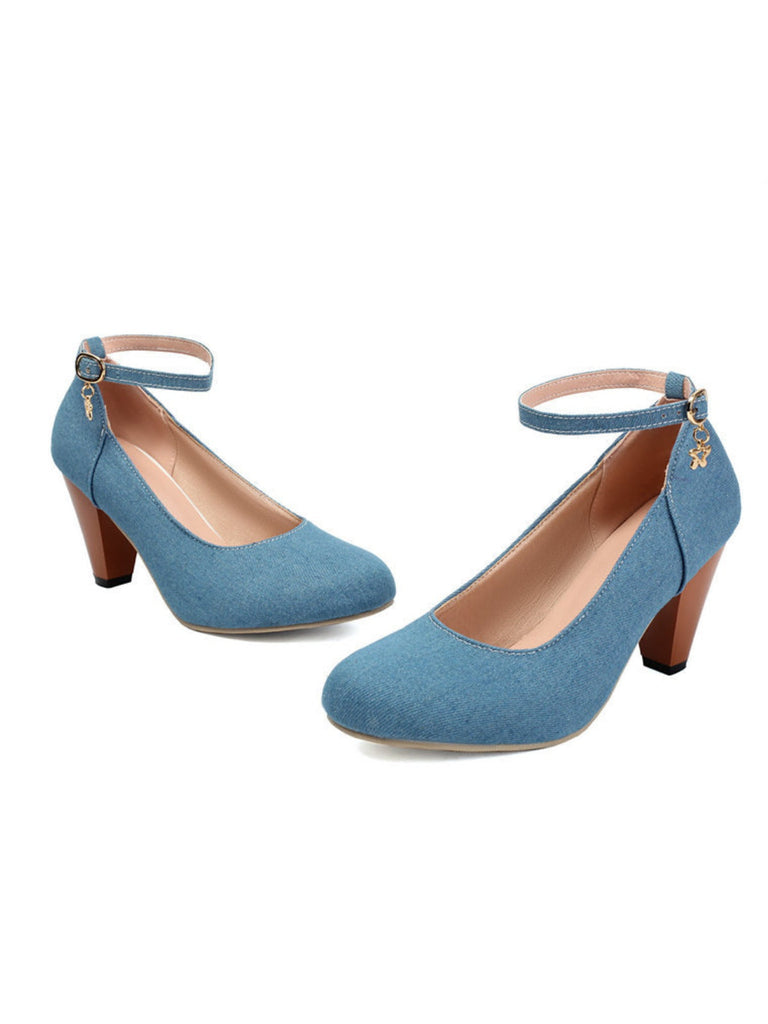 Denim Schnalle Mary Janes Klobige Absätze