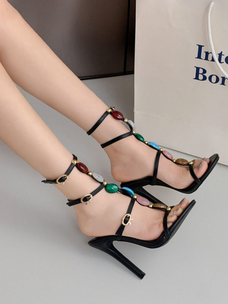 Vintage Farbig Steine Stilett Absätze Riemchen Sandalen