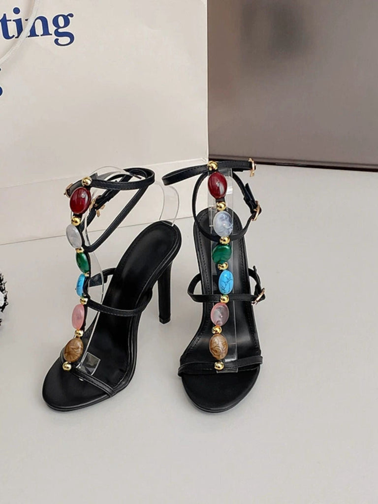 Vintage Farbig Steine Stilett Absätze Riemchen Sandalen