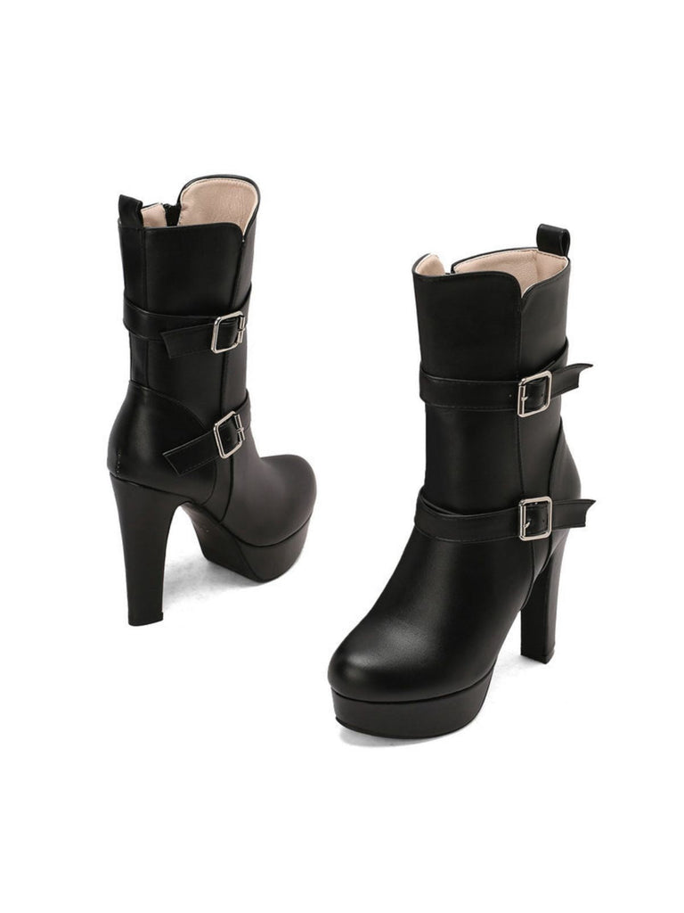 Pu Leder Runde Zehenkappe Keil Ferse Wadenlang Stiefel