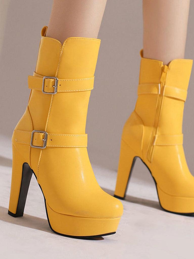 Pu Leder Runde Zehenkappe Keil Ferse Wadenlang Stiefel